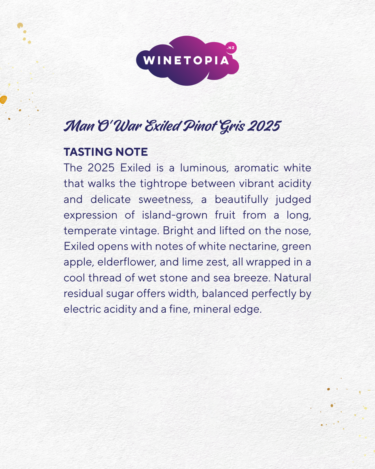 Man O' War Vineyards	Exiled Pinot Gris 2025